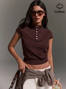 Athîral 女款休閒假領短袖上衣新品上市 - 咖啡棕 - 查看 1