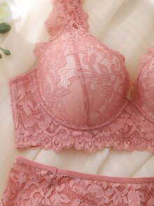 DelicateAllure 2 Peças Conjunto de Lingerie Feminina com Aro, Copo Moldado, Confortável, Balconette, Push Up, Alto Suporte, Renda e Patchwork, Rosa - Rosa chiclete - Visão 3