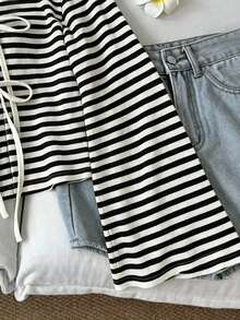 INAWLY Women's Autumn Casual Striped Bell Sleeve Tie-Front Top - Black and White - View 3