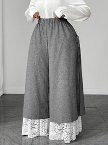 Maweii Plus Size 2 In 1 Lace Patchwork Side Bowknot Long Pants - Dark Grey - View 3