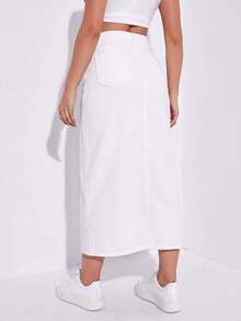 SHEIN ICON Casual Versatile Solid Color Split Hem Denim Skirt - White - View 2
