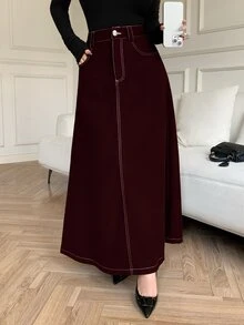 Solavon 韓系新風復古對比縫線收腰顯瘦高端A字傘裙 - 酒紅色 - 查看 5