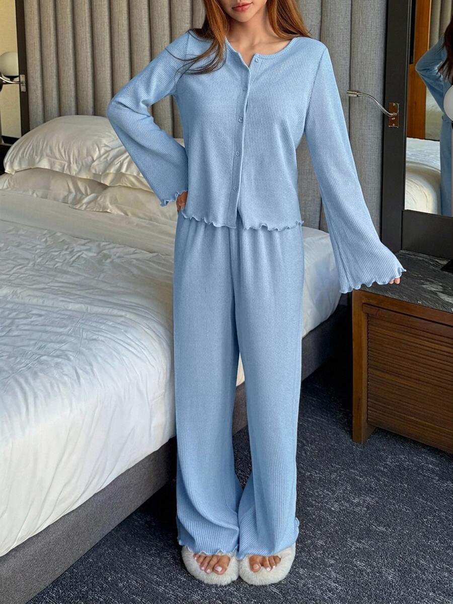 DAZY Winter Minimalist Brushed Knit 2-Piece Women's Loungewear Set - Blue - View 1