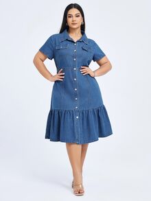Flexra Casual Sweet Loose Ruffle Button Blue Daily Stretchy Comfortable Flattering Wear Denim Dress For Women - Light Wash - View 5