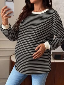 SHEIN 孕婦條紋圓領落肩長袖休閒T恤 - 黑與白 - 查看 4