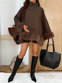 SHEIN Maternity Elegant Chic Western Stand Collar Cape Overcoat For Autumn/Winter, Silky-Smooth Fur Collar-Sophisticated And Fall Thanksgiving Party Brown - Brown - View 5