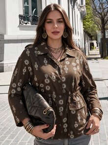 Vionelle Plus Size Women's French Casual Elegant Printed Long Sleeve Jacket Fall Going Out Office Brown - Brown - View 5