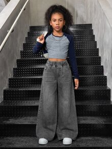 SHEIN Tween Girl Casual Washed Wide Leg Jeans - Light Grey - View 7