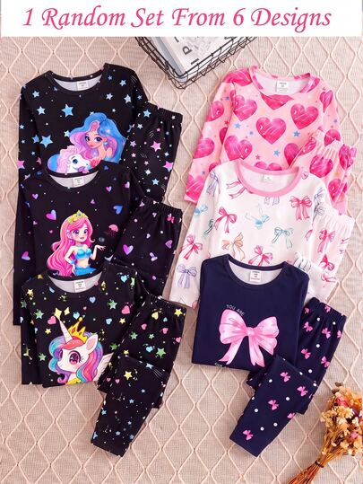 1 Set Randomly Sent Girls Toddler Sweet Cute Elegant Casual Daily Comfortable Soft Skin-Friendly Knitted Fabric Multi-Color Dreamy Unicorn Mermaid Princess Heart Bow Cartoon Print Round Neck Long Sleeve Top And Long Pants Pajama Set Home Wear 2-Piece Set