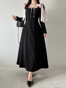 FRIFUL Women's Elegant Romantic Bowknot Long Dress Party Dinner Date Night Cocktail Black And Pink Fall Wedding - Grey - View 5