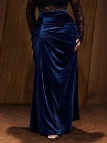 Maweii Plus Size Women's Vintage Ruched Drawstring Bodycon A-Line Velvet Solid Blue Skirt Fall - Blue - View 3