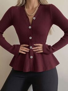 Mulvari Women's Elegant V-Neck Ruffle Trim Waist-Defining Cardigan, Autumn/Winter Social Clothing New Year - Burgundy - View 6