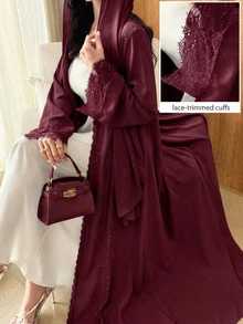 Al Najma 浪漫優雅純色喇叭袖網紗蕾絲裝飾女款長袍 - 酒紅色 - 查看 1