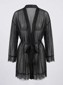 Charlaine French Women's 2-Piece Mesh Eyelash Lace Comfortable Sexy Nightgown Set - Black - View 7