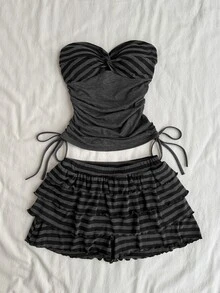 Attitoon Women's Patchwork Striped Knot Design Bandeau Top And Tiered Skorts Set - Grey - View 3