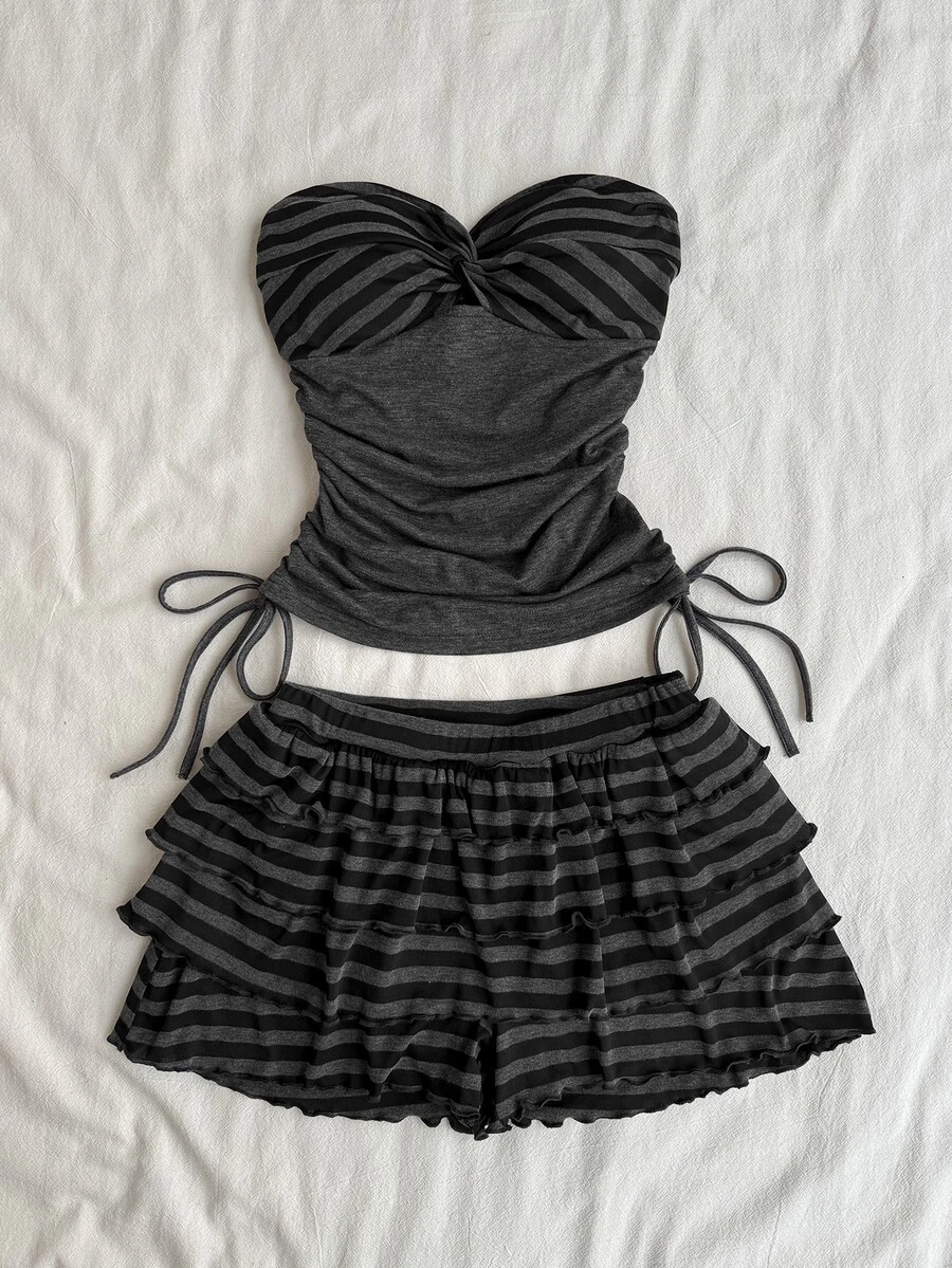 Attitoon Y2K Basic Blouses Patchwork Striped Knot Design Bandeau Top And Tiered Skorts Set - Grey - View 1