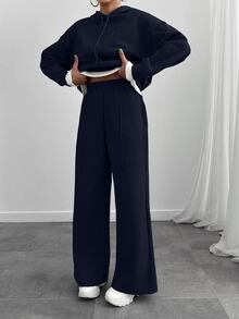 SHEIN Women Navy Marl Oversize Sweatshirt And Sweatpant Two Pieces Set - Navy Blue - View 3