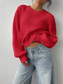 SHEIN BASICS كنزة صوفية محبوكة نسائية كاجوال بلون موحد وياقة دائرية وأكمام طويلة ملابس شتوية - الأحمر - مشاهدة 5