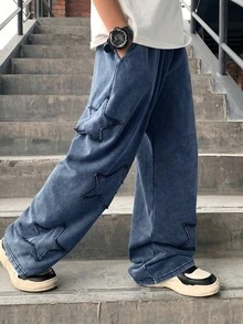 SHEIN 青少年男孩休閒水洗星星拼接運動長褲 - 藏蓝色 - 查看 4