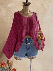 Soleia Women's Plus Size Yellow Pullover Knit Sweater Fall - Red Violet - View 5