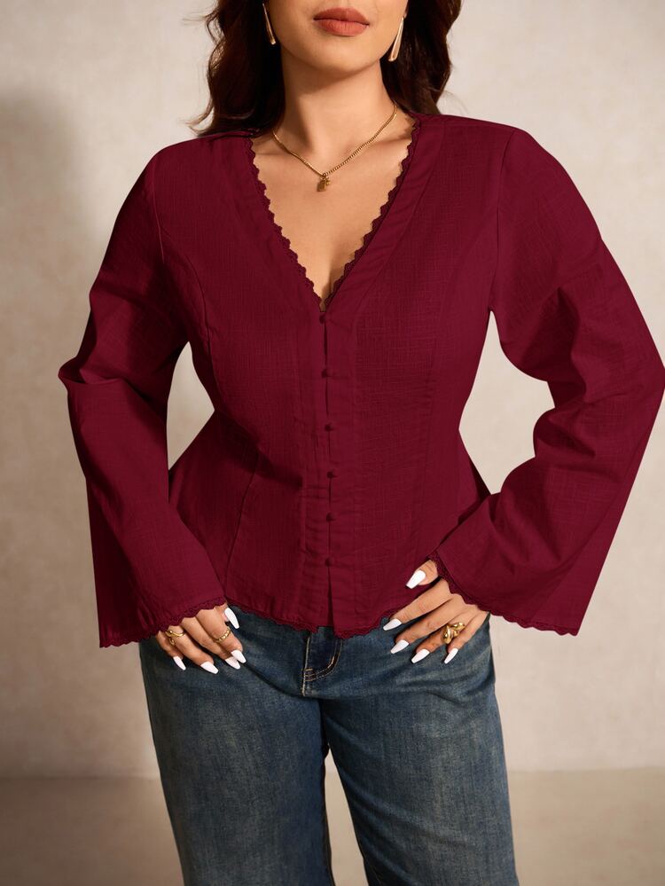 Elaquor Plus Size Elegant Commute Solid Color Bell Sleeve Blouse - Burgundy - View 3