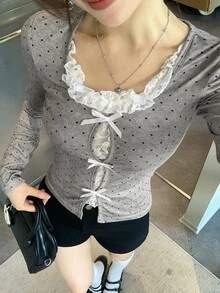 DAZY Women's Summer 2 In 1 Ruffle Bowknot Short Sleeve T-Shirt - Grey - View 3