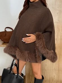 SHEIN Maternity Elegant Chic Western Stand Collar Cape Overcoat For Autumn/Winter, Silky-Smooth Fur Collar-Sophisticated And Fall Thanksgiving Party Brown - Brown - View 1