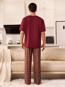 CoupledUp Men's Knitted Round Neck Short Sleeve Long Pants Plaid Print Pajama 2 Pieces Set - Multicolor - View 3