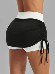 Slayform Rok Tenis Wanita Motif Blok Warna dengan Kontrol Perut, Desain Tali Serut Samping, Celana Pendek Terintegrasi, Rok Olahraga Jala Seksi - Hitam dan Putih - View 5