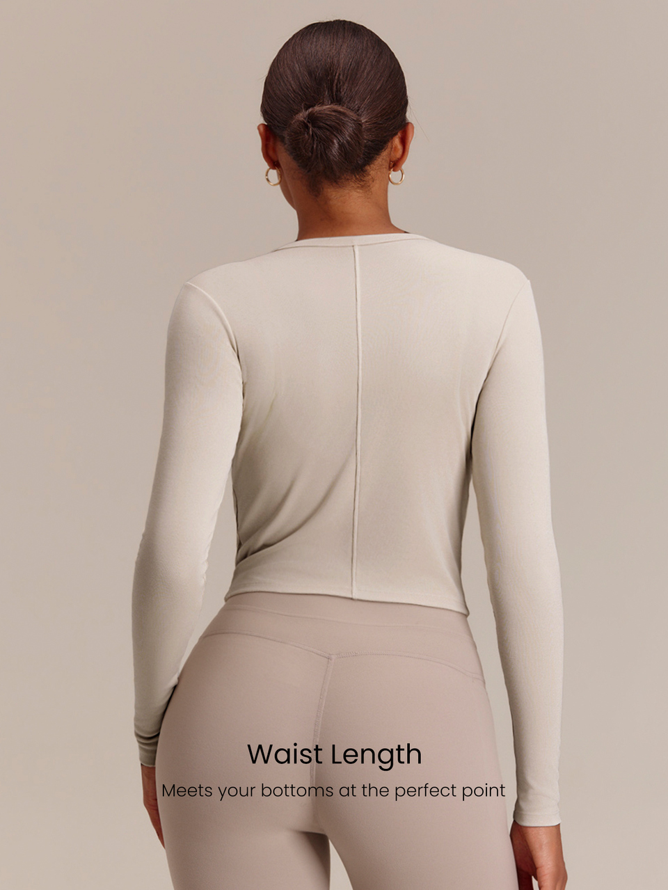 Soft Knit Golden Hour Waist-Length Henley Top With Shell Buttons, Thumbholes & Back Seam Detail Yoga Studio Daily Summer Wear