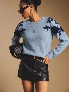 Poéselle Women's Fashionable Casual Crew Neck Long Sleeve Sweater In Fall/Winter - Blue - View 1