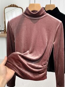 SHEIN Clasi 女款素色高領長袖休閒打底 T-shirt - 藕粉色 - 查看 8