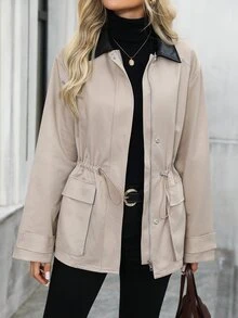 EMERY ROSE Jaket Trench Coat Kasual Serbaguna Motif Blok Warna untuk Wanita, Pakaian Musim Dingin untuk Wanita, Jaket Musim Dingin untuk Wanita - Khaki - View 4