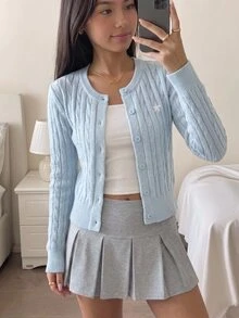 青少年女孩海軍藍針織星星開襟衫，冬季返校畢業短版毛衣，圓領長袖鈕扣休閒寬鬆秋季上衣 - 淺藍色 - 查看 3