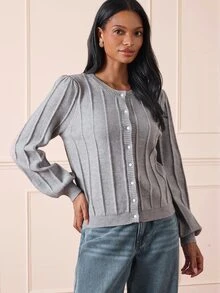 Lilora Sweater Wanita Premium Serbaguna Bergaris Kancing Tunggal, Pakaian Jalanan Musim Gugur, Gaya Kasual Prancis untuk Makan Siang di Kantor, Abu-abu Muda - Grey - View 5