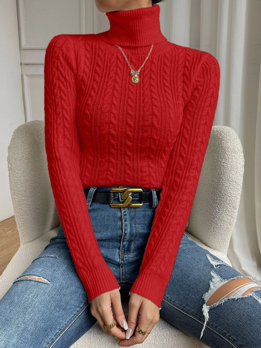 SHEIN Women's Elegant Cable Knit High Neck Long Sleeve Pullover Sweater - Red - View 1