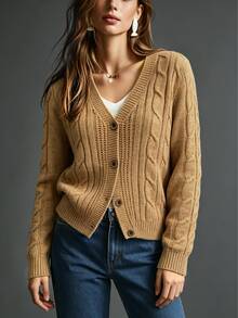 Trelyra Women's Cable Knit Long Sleeve Single-Breasted Casual Cardigan - Ginger - View 5