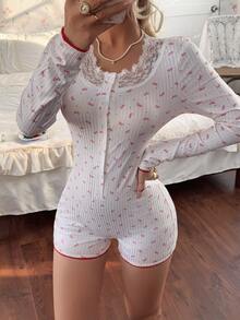 CottageSlumber Đồ mặc nhà jumpsuit ôm dáng tay dài cổ ren hoa màu trắng cho nữ - trắng - Xem 5
