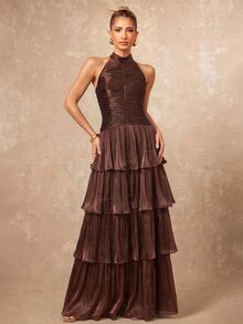 Lumalex Chocolate Brown Halter Maxi Dress High Neck Ruched Bodycon Bodice Layered Ruffle Drop Waist, Showcasing Low Key Luxury PartyStyle,Wedding,Ball,Dinner - Coffee Brown - View 3