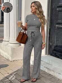 SHEIN Maternity Summer Casual Striped T-Shirt & Long Pants 2 Pieces Set - Black and White - View 3