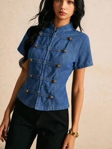 Poéselle 女款短袖拉鍊與鈕扣前開襟牛仔上衣 - 中等水洗藍 - 查看 4