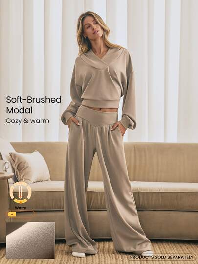 GLOWMODE Pantalones de pierna ancha de modal cepillado suave con bolsillos laterales y dobladillo ajustable con cordón, uso casual diario de verano