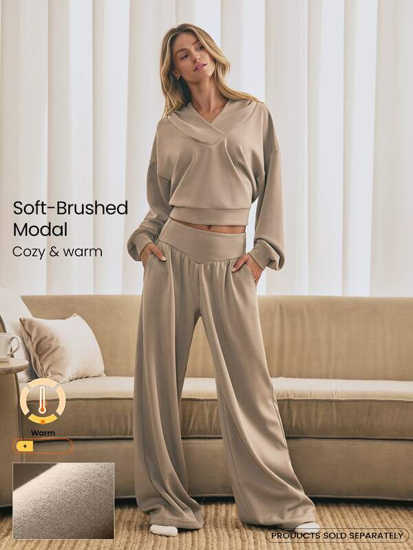 GLOWMODE Soft-Brushed Modal Move Freely Wide-Leg Pants With Side Pockets & Adjustable Drawstring Hem Daily Casual Summer Wear