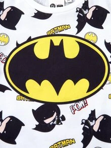 BATMAN X SHEIN 小男孩卡通圖案印花圓領短袖T恤，適合日常穿著 - 白色 - 查看 5