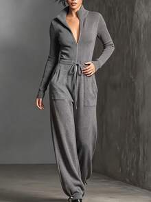 Balvessa Women's Zipper Half-Placket Drawstring Waist Sweater Jumpsuit - Dark Grey - View 4