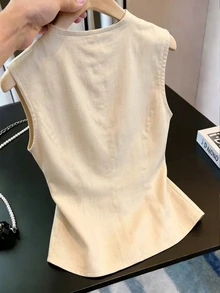 INAWLY New Women's Plus Size Casual Loose Slimming Design Tie-Up Sleeveless Tank Top - Apricot - View 2