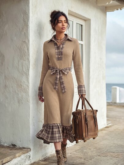 Faunlyn Women's Autumn Casual Plaid Patchwork Ruffle Hem Midi Dress