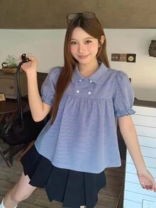 DAZY Women's Collared Plaid All-Over Print Fresh Korean Style Shirt Fall - Blue - View 6