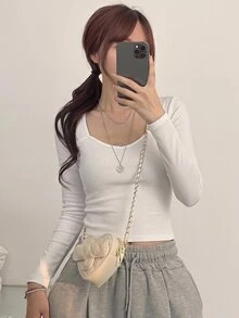 DAZY 女款百搭休閒多功能純色長袖T恤 - 白色 - 查看 6