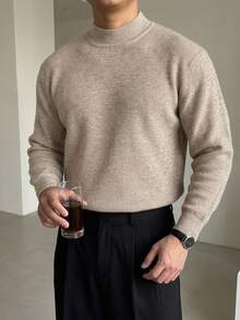 DAZY Spring/Autumn Khaki Marled Semi-High Round Neck Long Sleeve Cuffed Hem Men's Sweater - Khaki - View 4